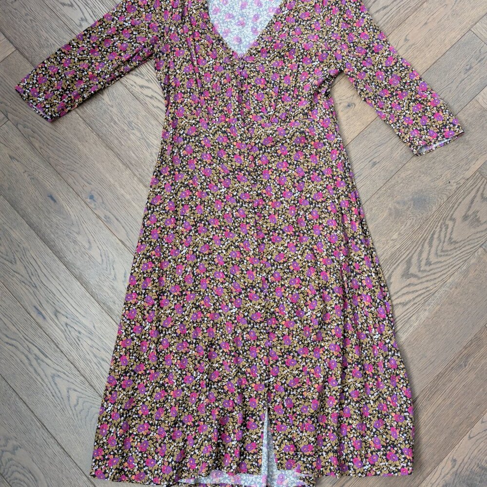 Sezane Black Floral Midi Dress with Pink & Green Print - Picture 2 of 5